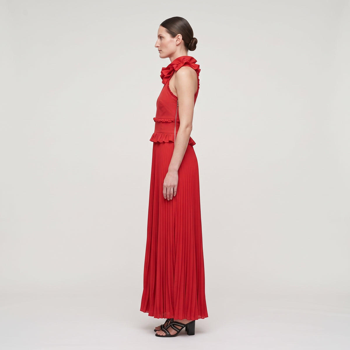Ruffled Pleated Red Midi Dress