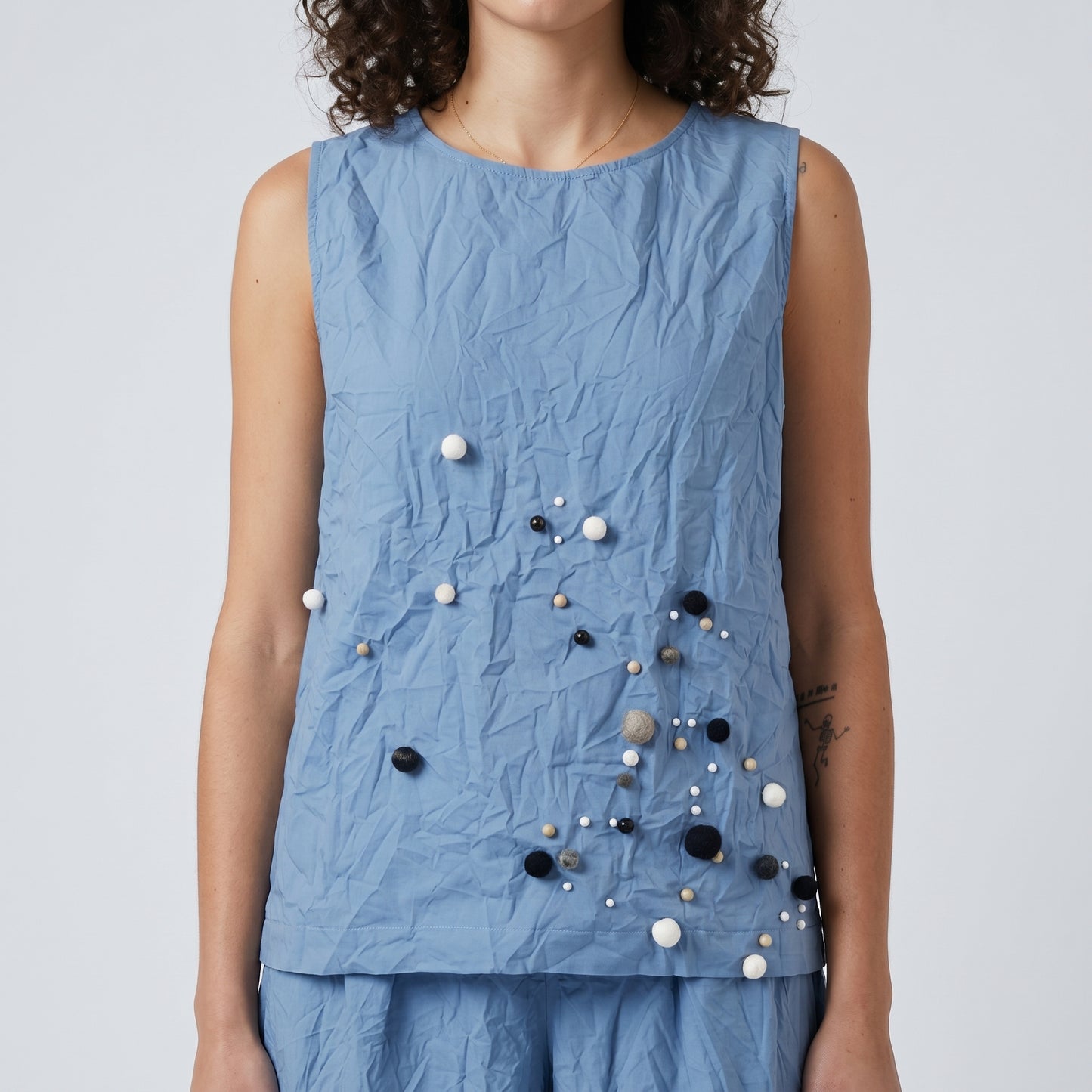 Crinkled Embellished Sleeveless Top