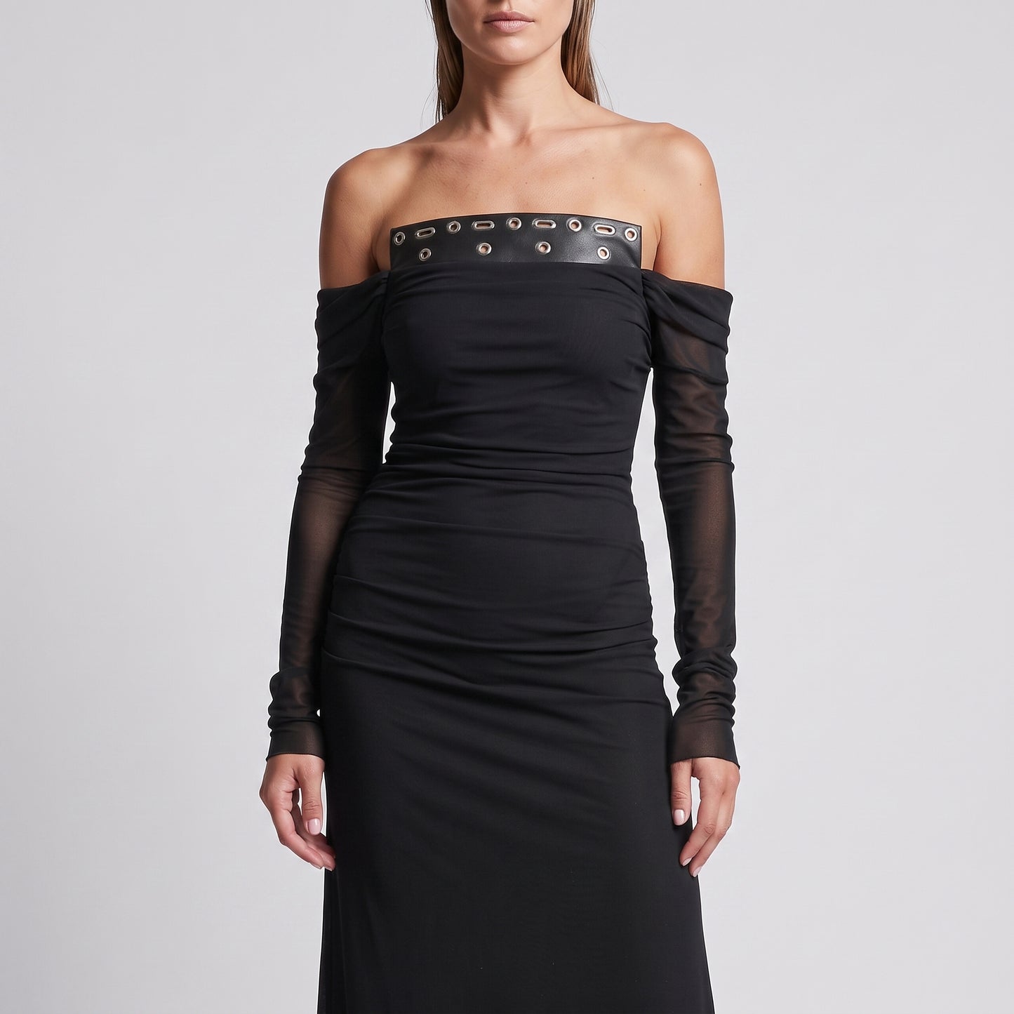 Ruched Off-Shoulder Grommet Dress