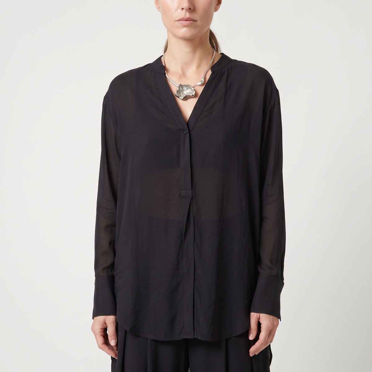Sheer V-Neck Long Sleeve Blouse