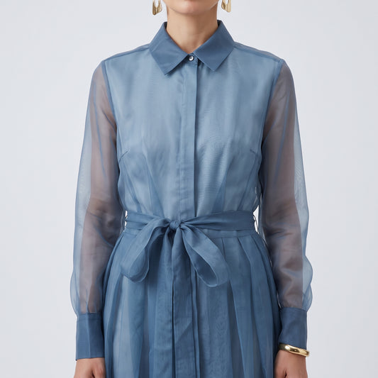 Sheer Organza Belted Midi Dress