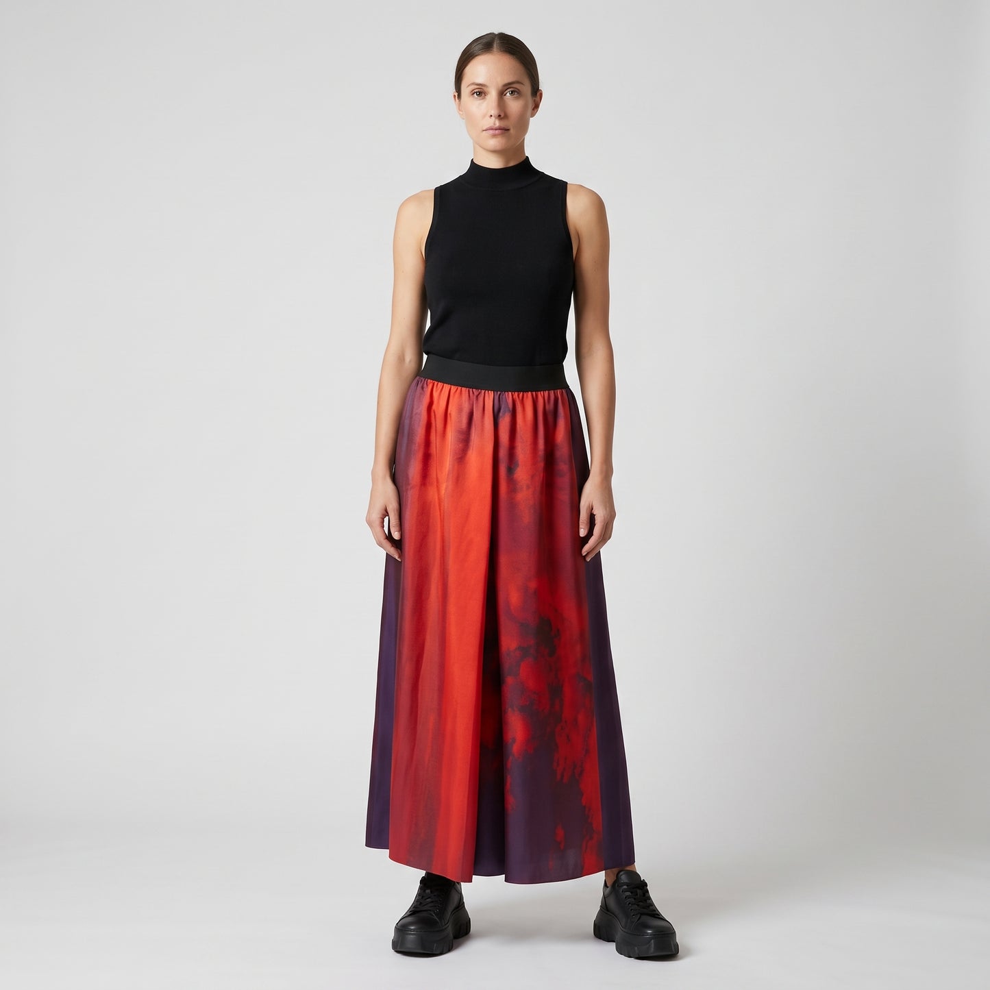 Abstract Print Silk Midi Skirt