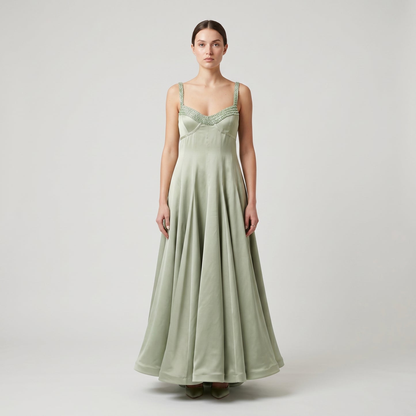Embellished Sage Satin Midi Dress