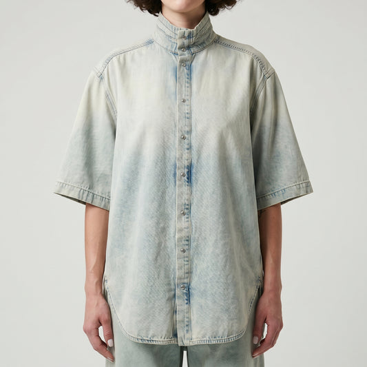 Acid Wash Denim Stand-Collar Shirt