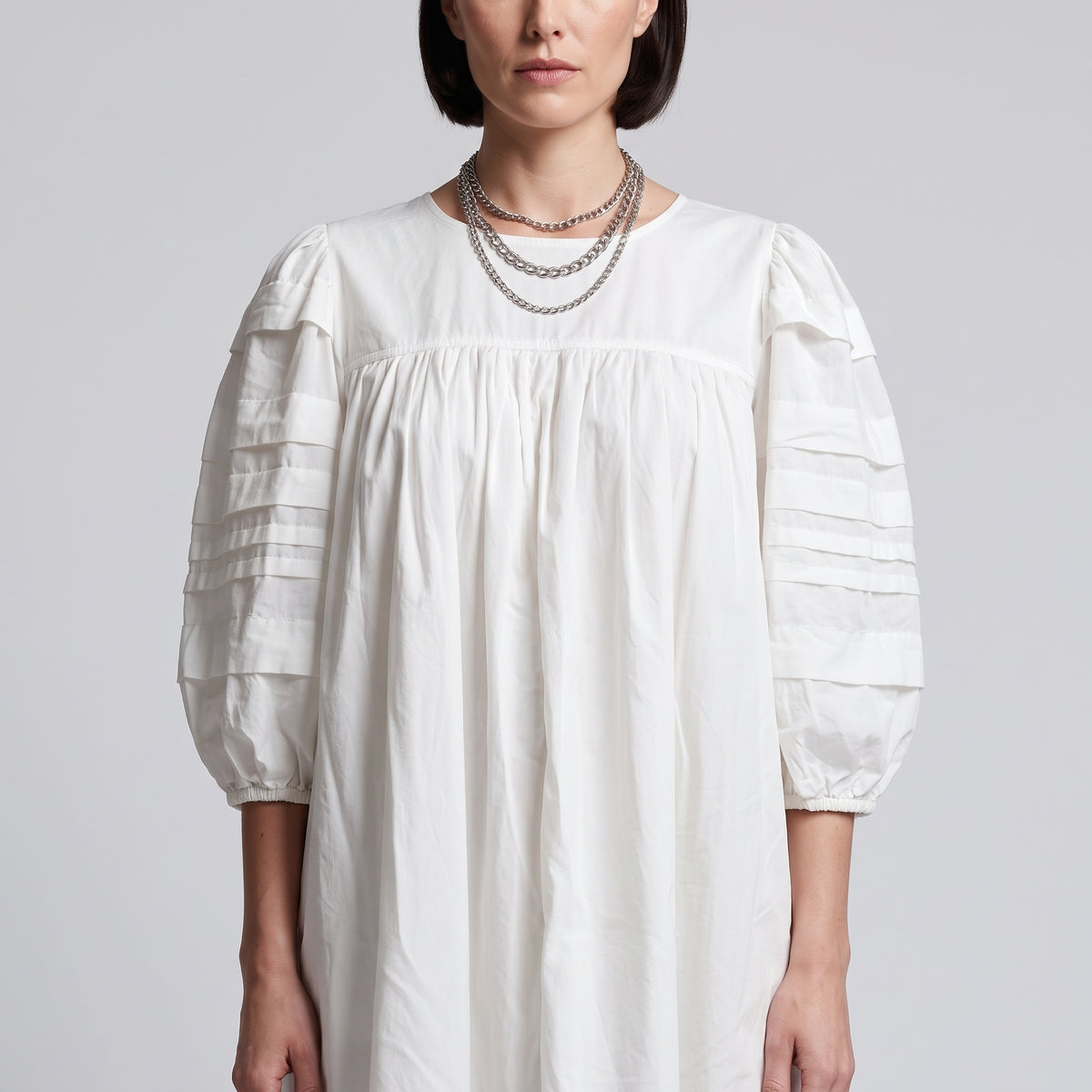 Pleated Sleeve Lace Hem Dress