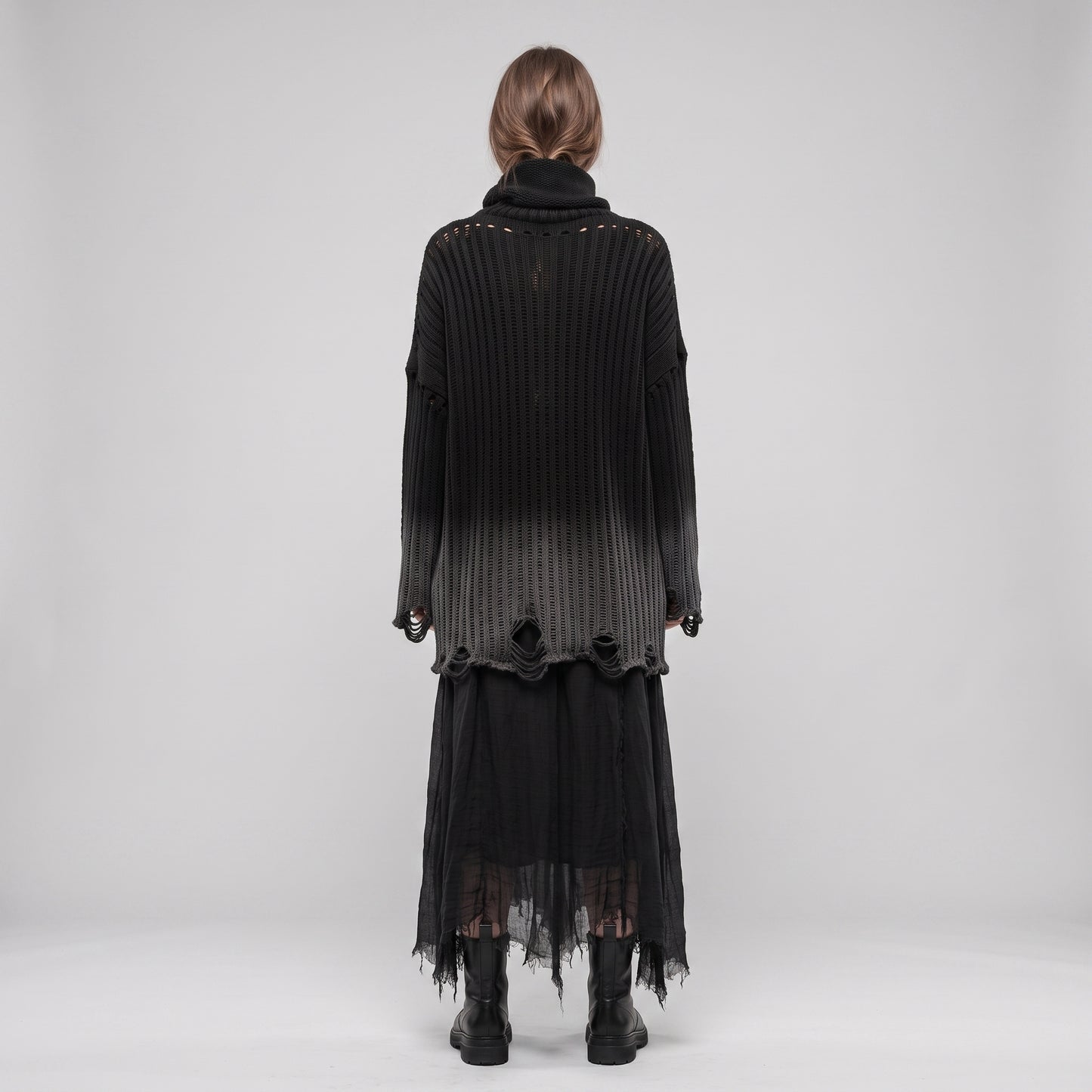 Distressed Ribbed Turtleneck Sweater