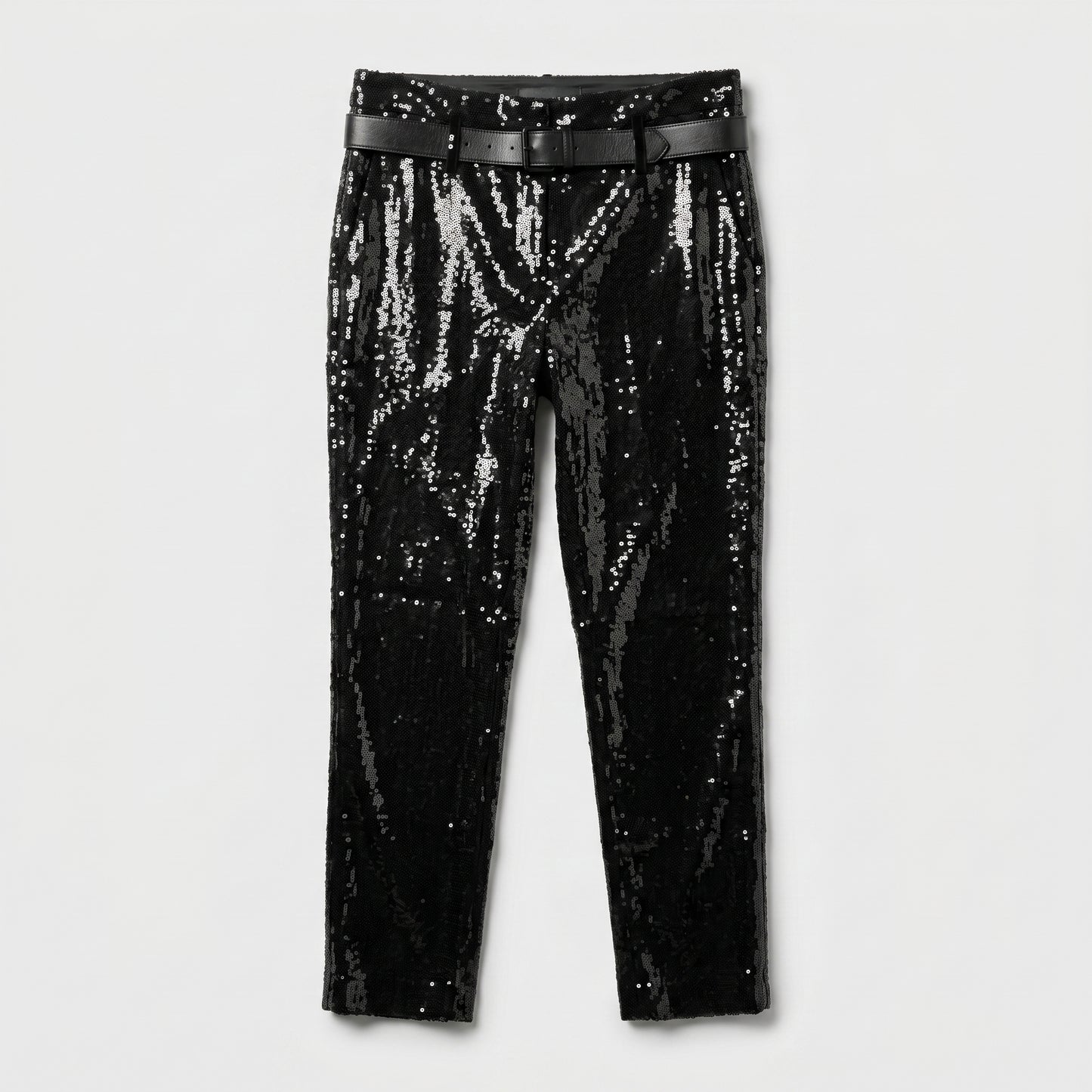 Black Sequin Belted Trousers