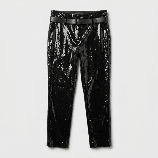 Black Sequin Belted Trousers