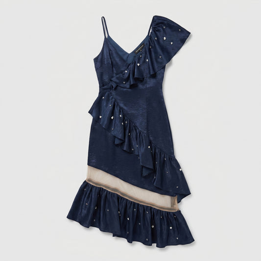 Asymmetric Ruffled Navy Cocktail Dress