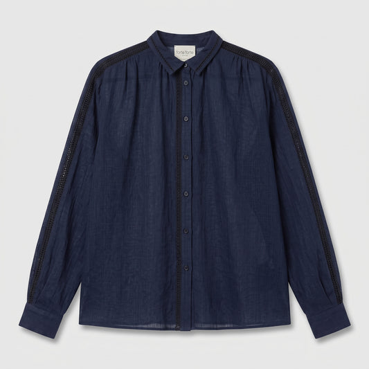 Navy Lace Trim Linen Shirt