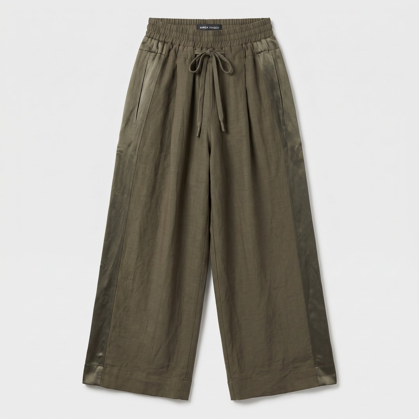 Olive Wide-Leg Satin Detail Trousers