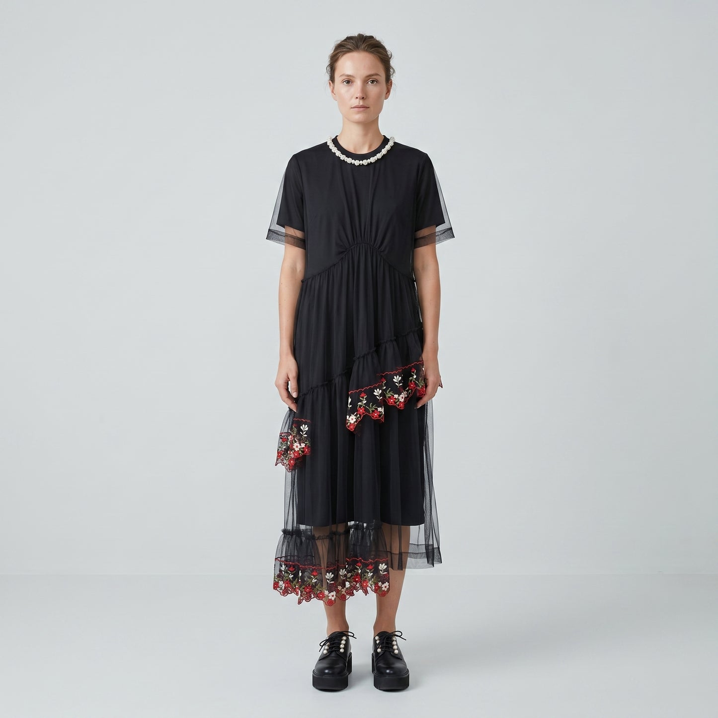 Embroidered Tulle Pearl Neck Dress