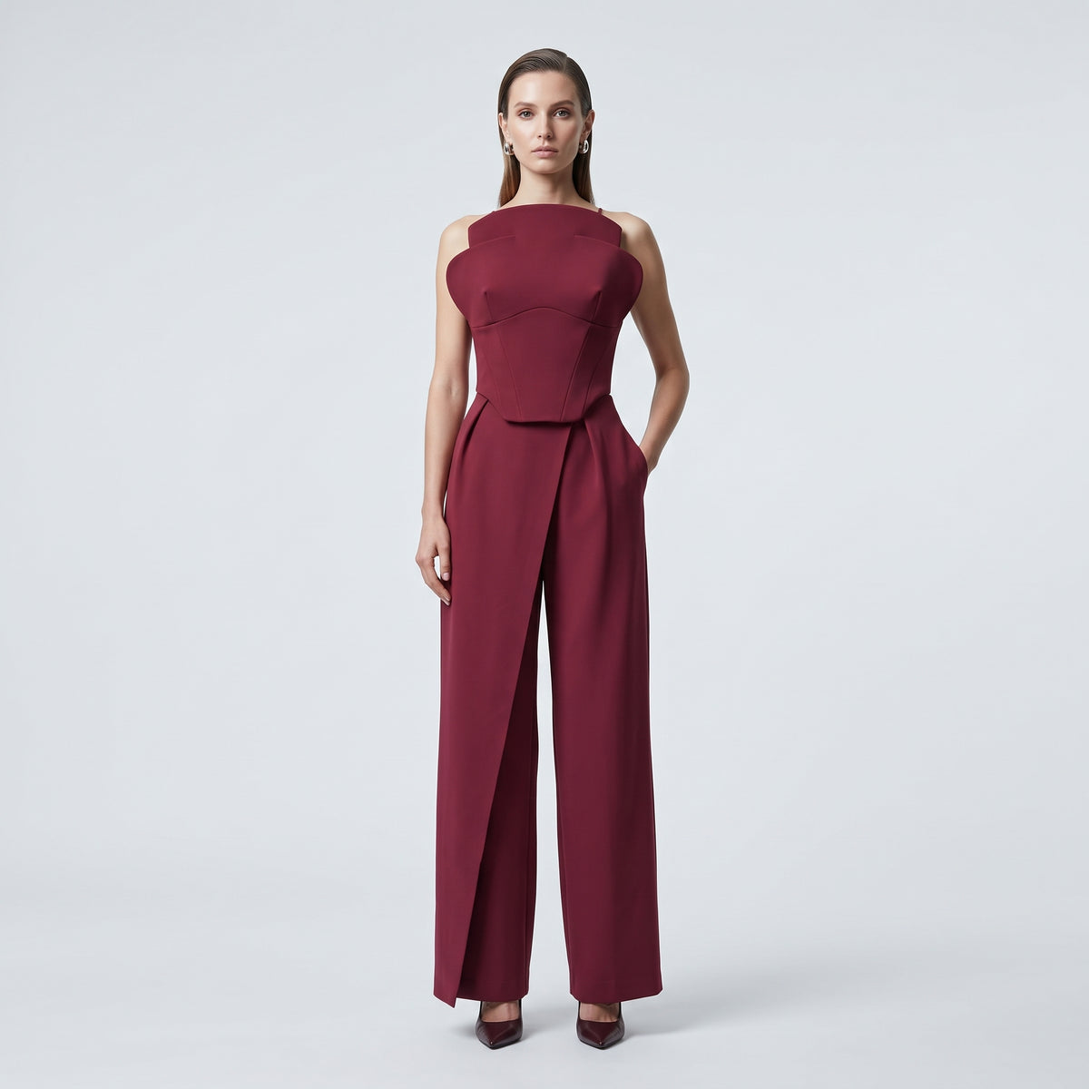 Burgundy High-Waisted Wrap Trousers