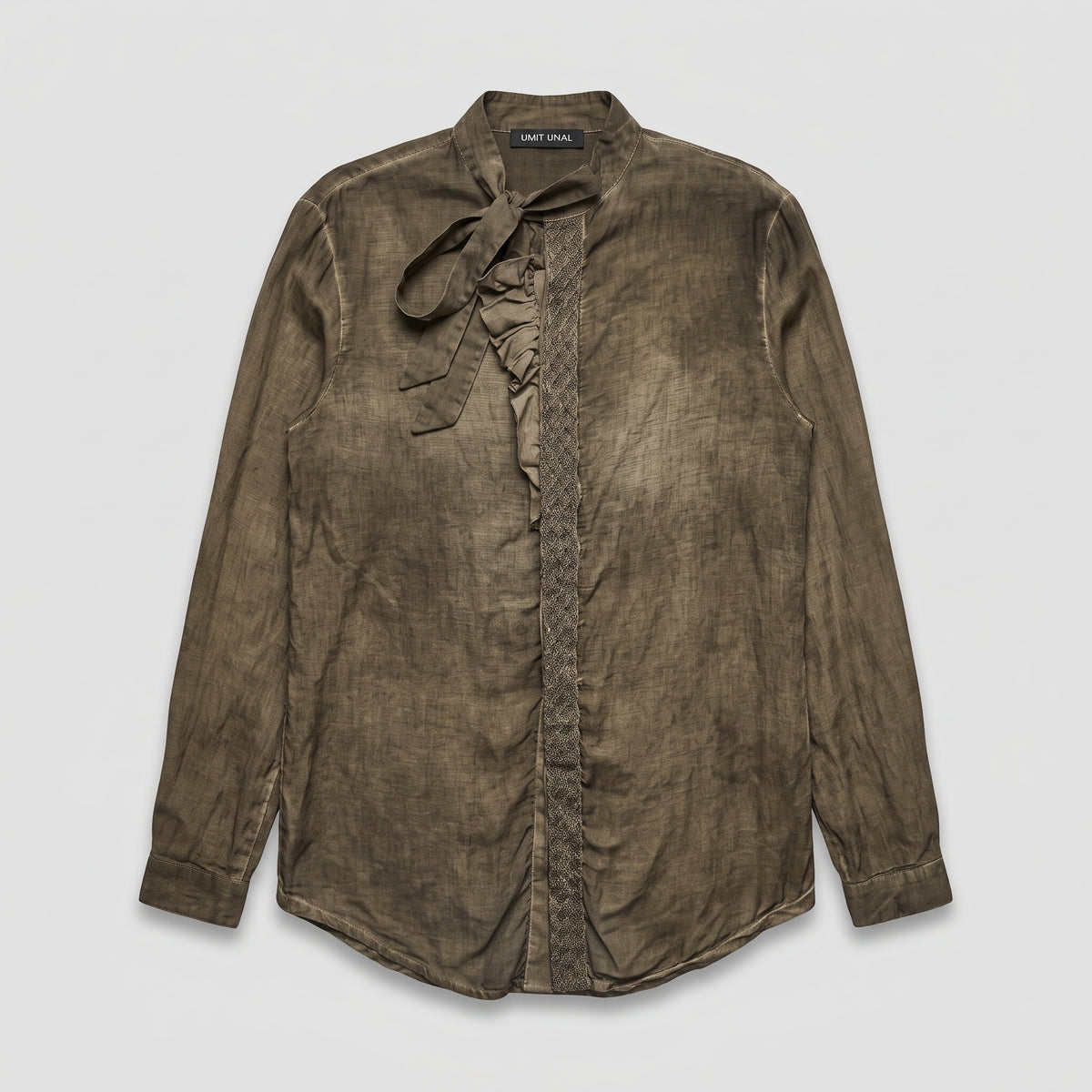 Tie-Neck Ruffled Linen Shirt