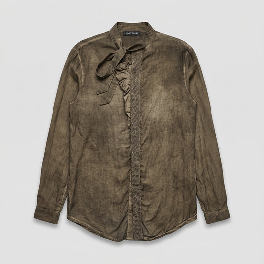 Tie-Neck Ruffled Linen Shirt