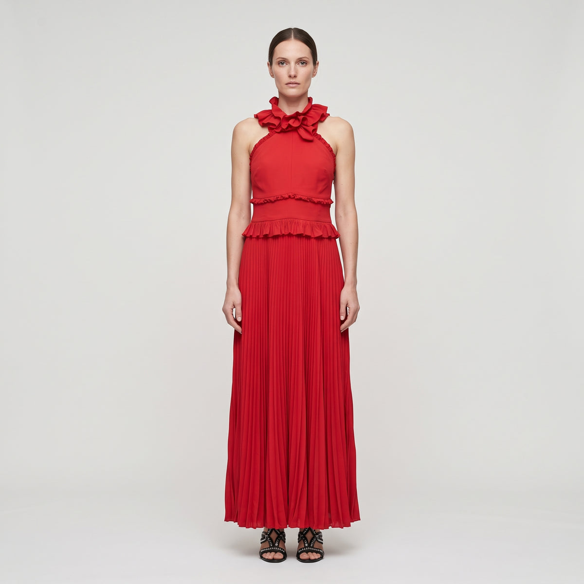 Ruffled Pleated Red Midi Dress
