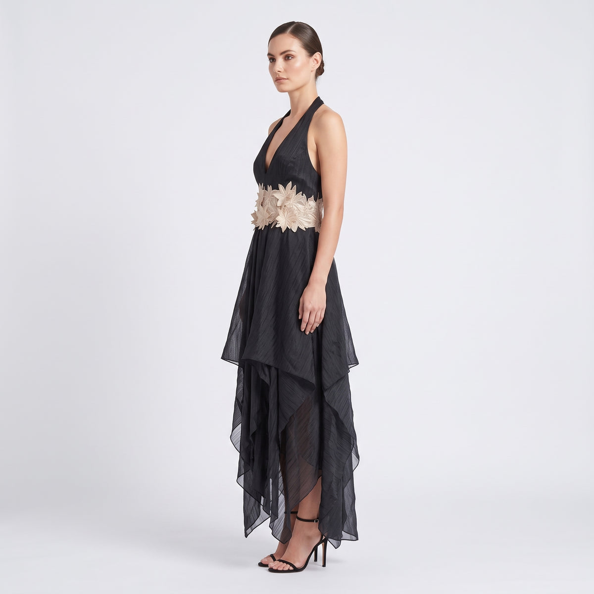 Floral Embellished Asymmetric Halter Dress