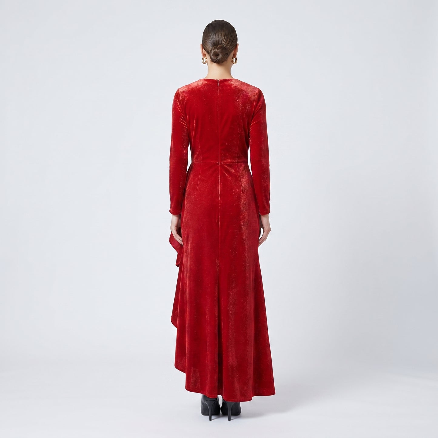 Red Velvet Ruffled Midi Dress