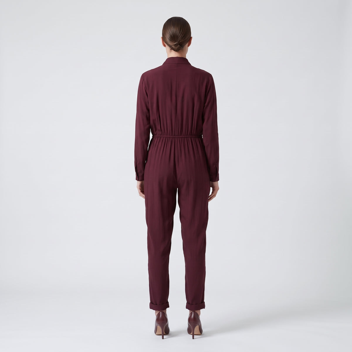 Burgundy Buttoned Silk Jumpsuit