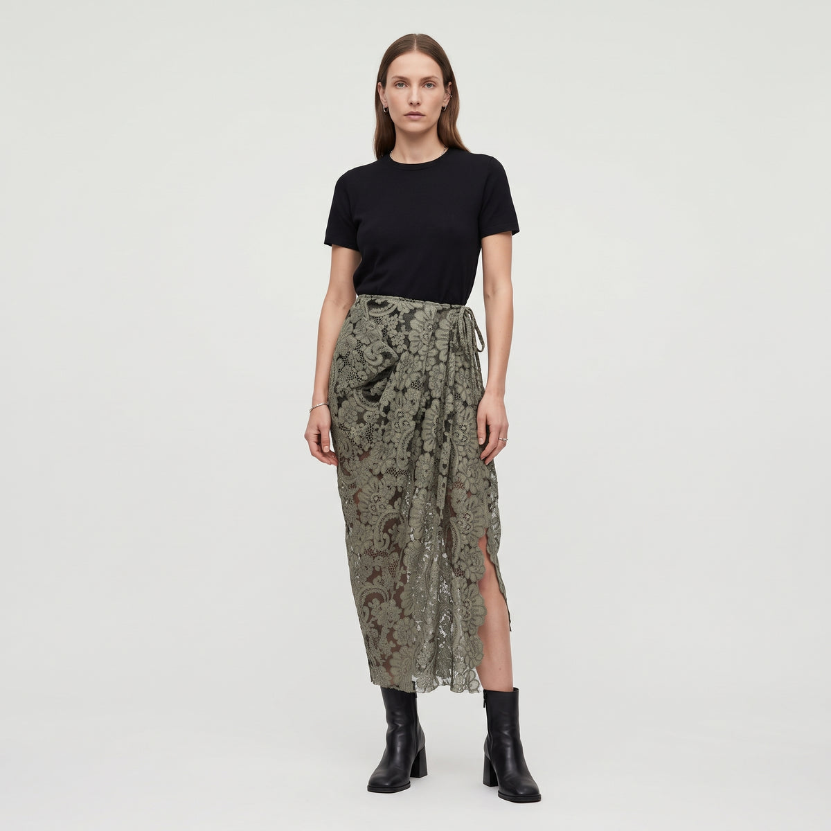 Floral Lace Wrap Midi Skirt