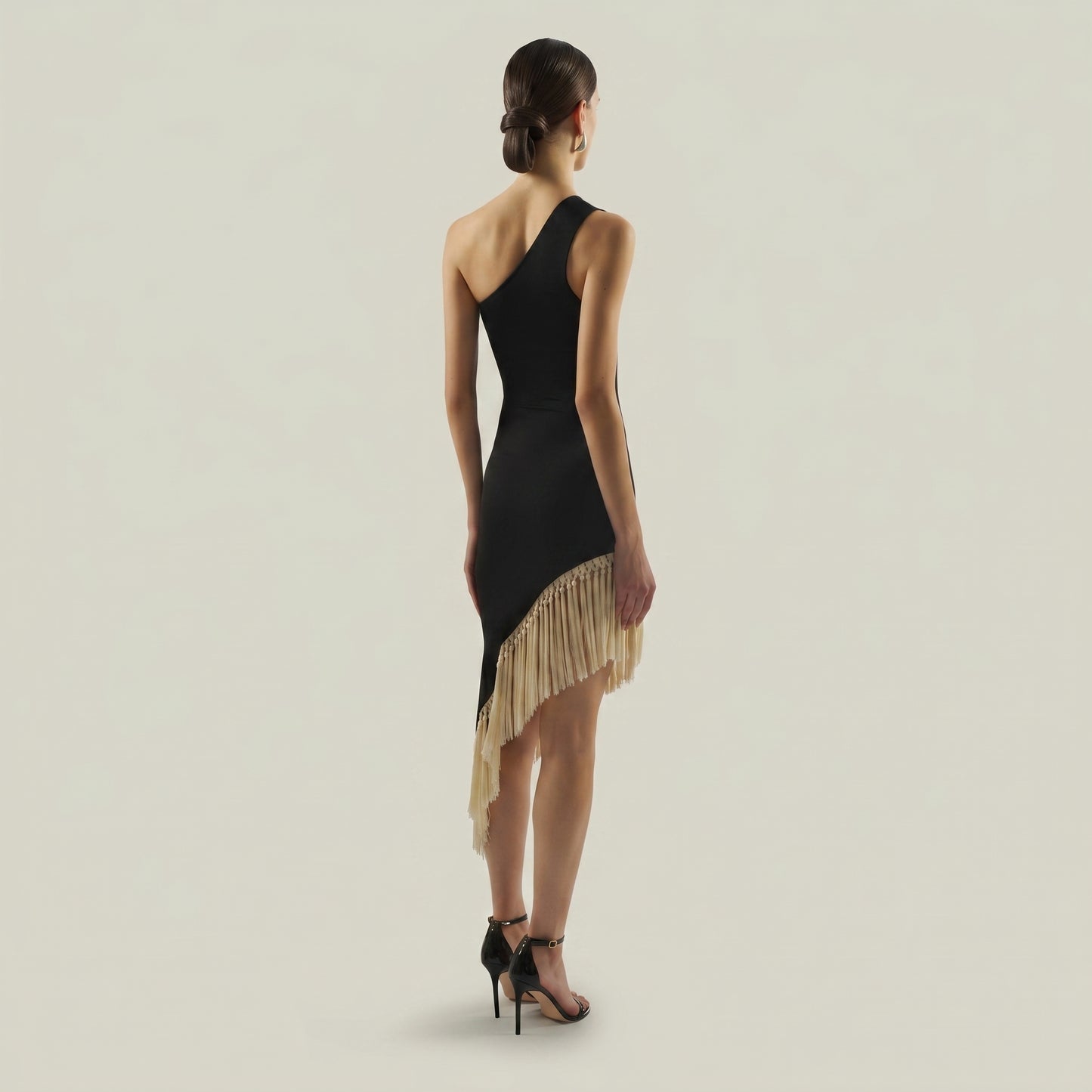 One-Shoulder Fringe Midi Dress