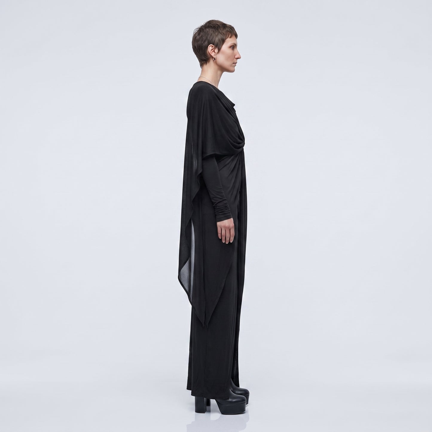 Draped Black Asymmetric Midi Dress