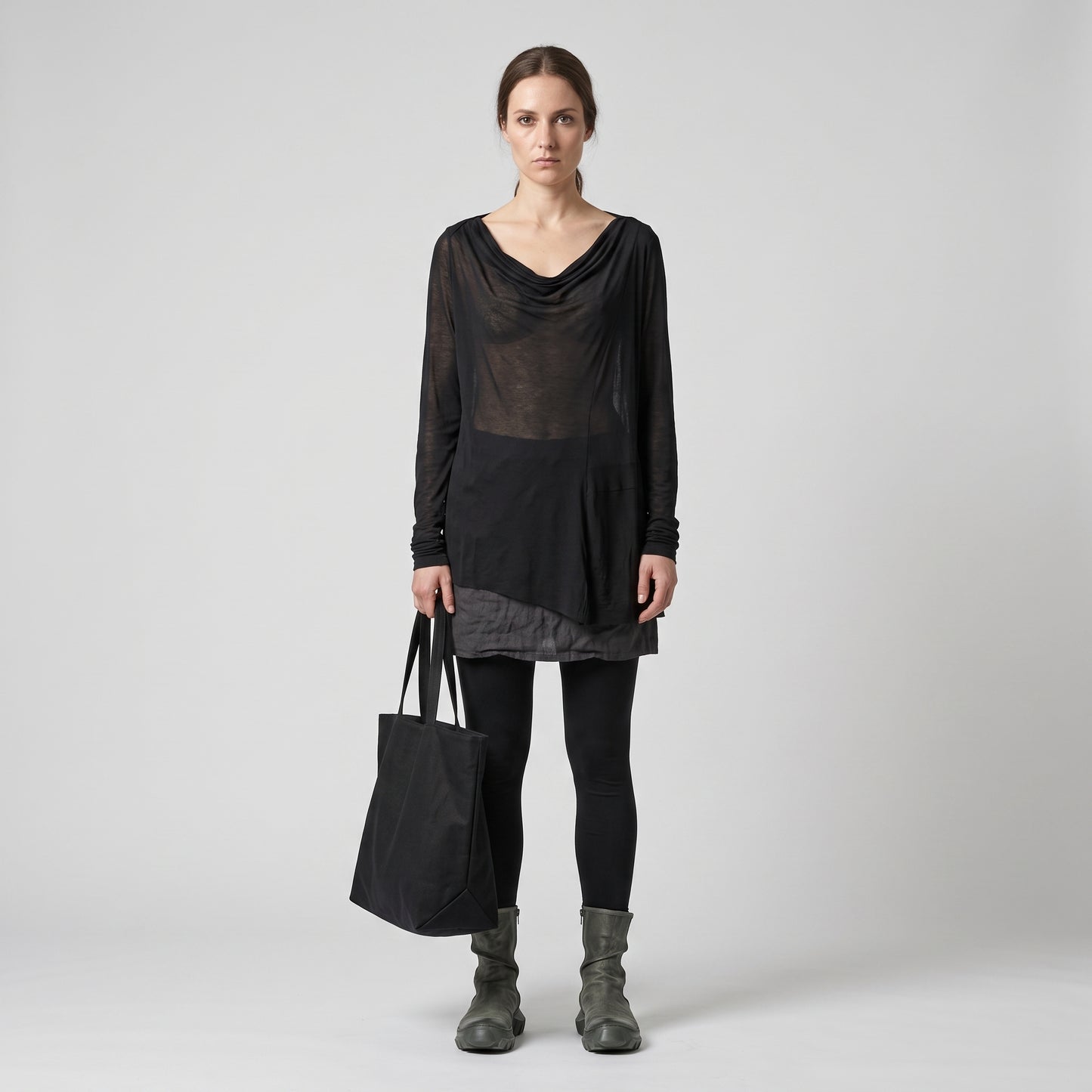 Draped Black Asymmetric Long-Sleeve Top