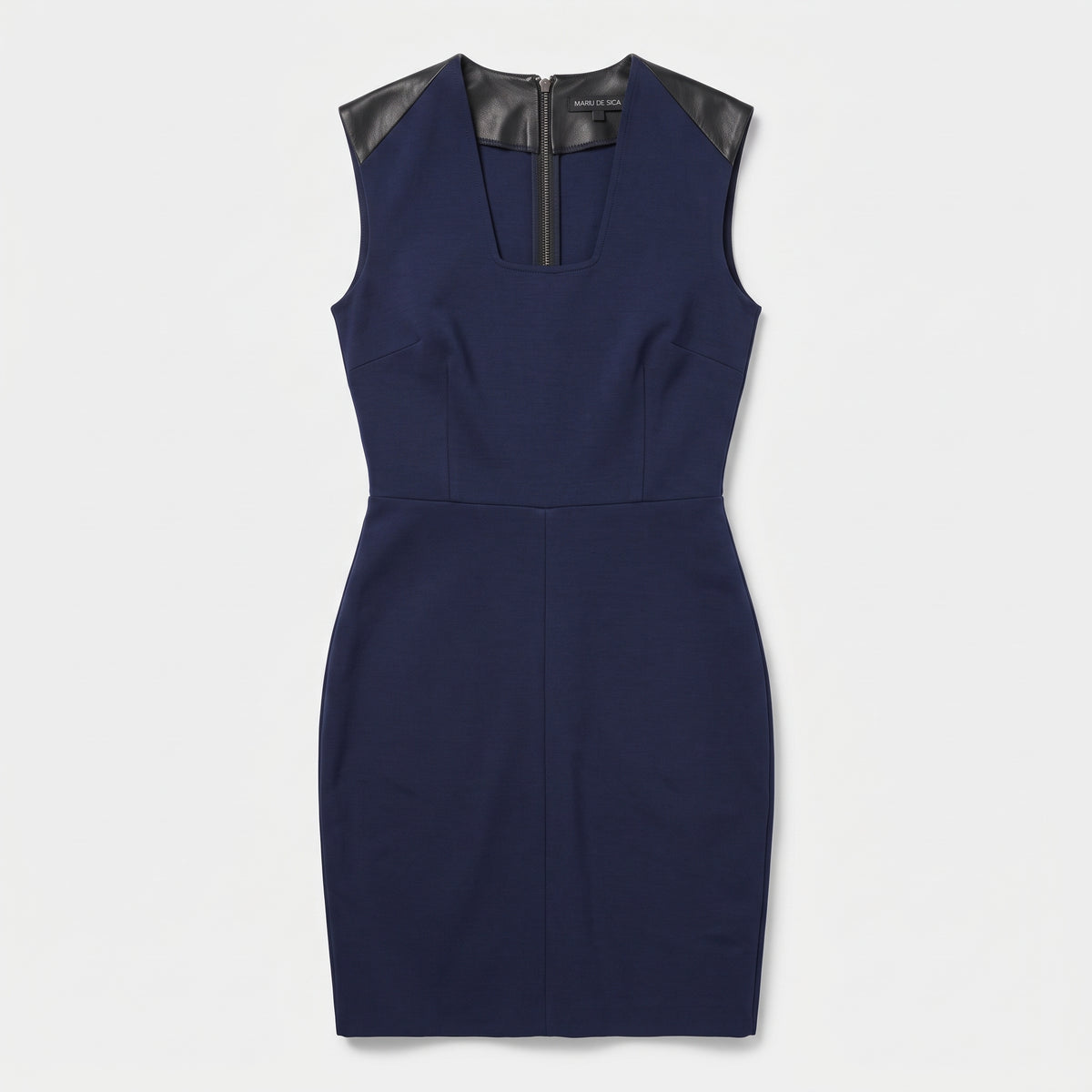 Leather-Trimmed Navy Sheath Dress