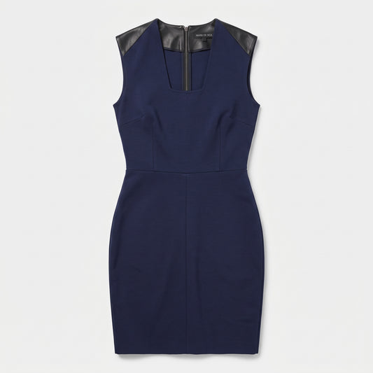 Leather-Trimmed Navy Sheath Dress