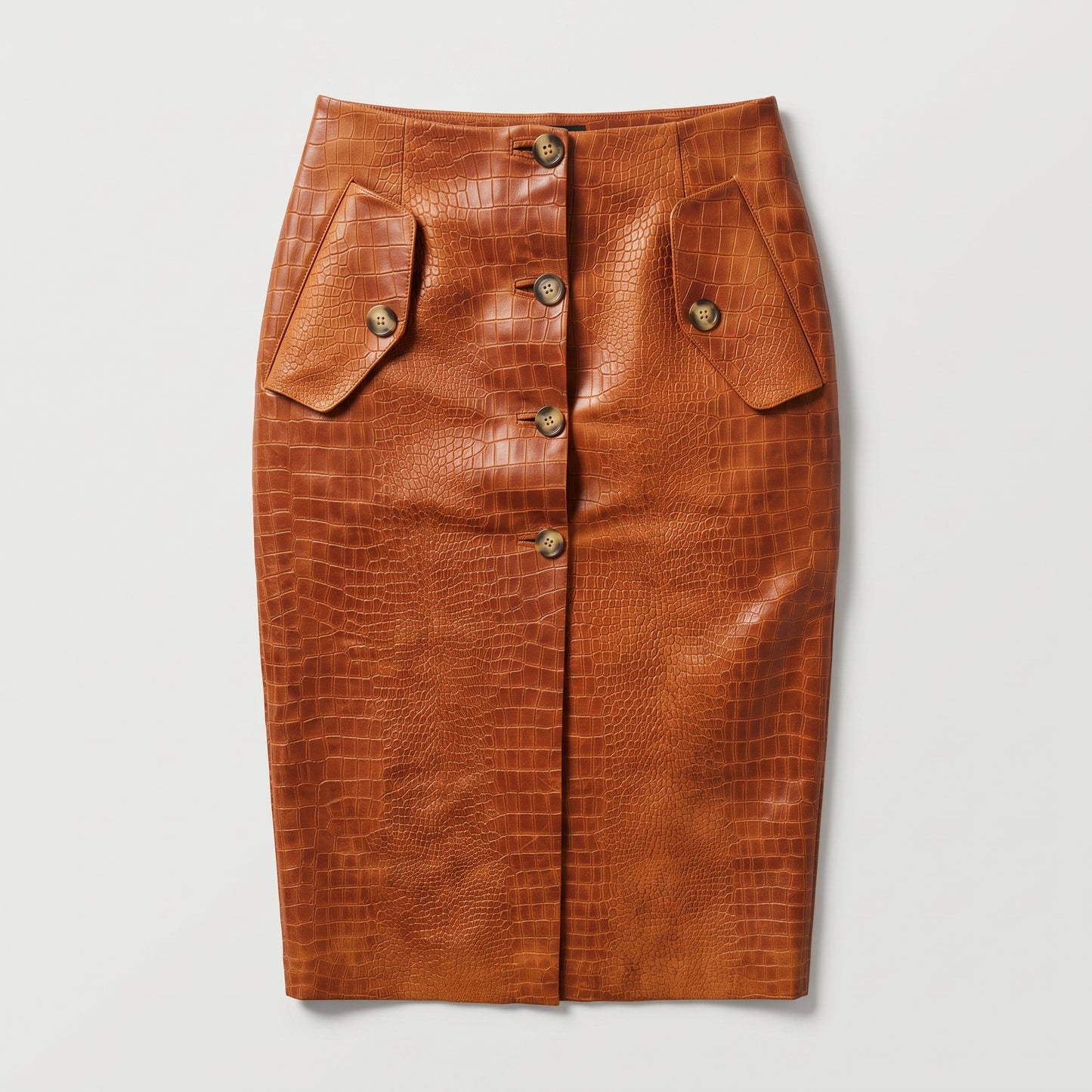 Croc-Embossed Leather Button Skirt