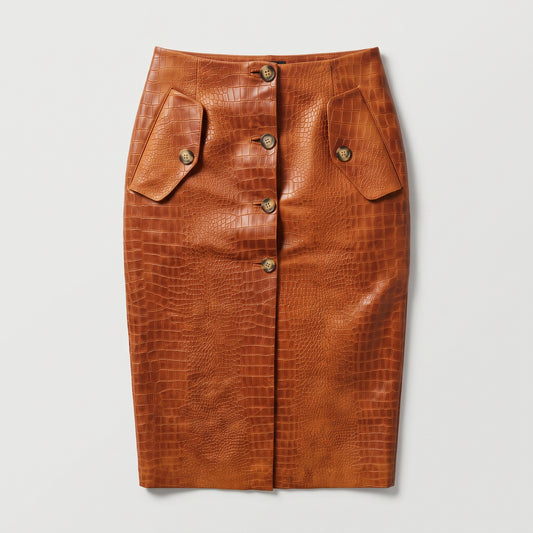 Croc-Embossed Leather Button Skirt