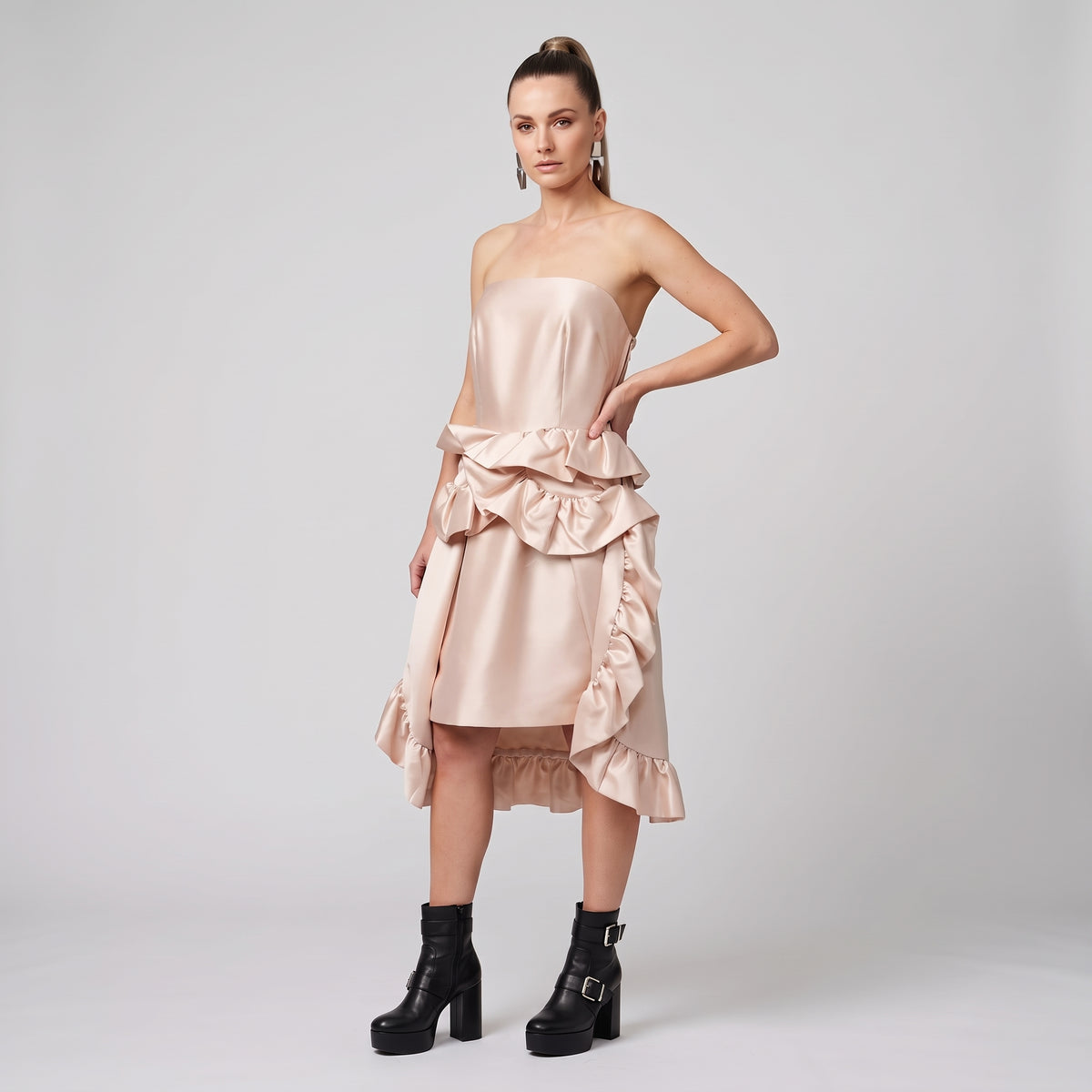 Strapless Blush Ruffled Mini Dress