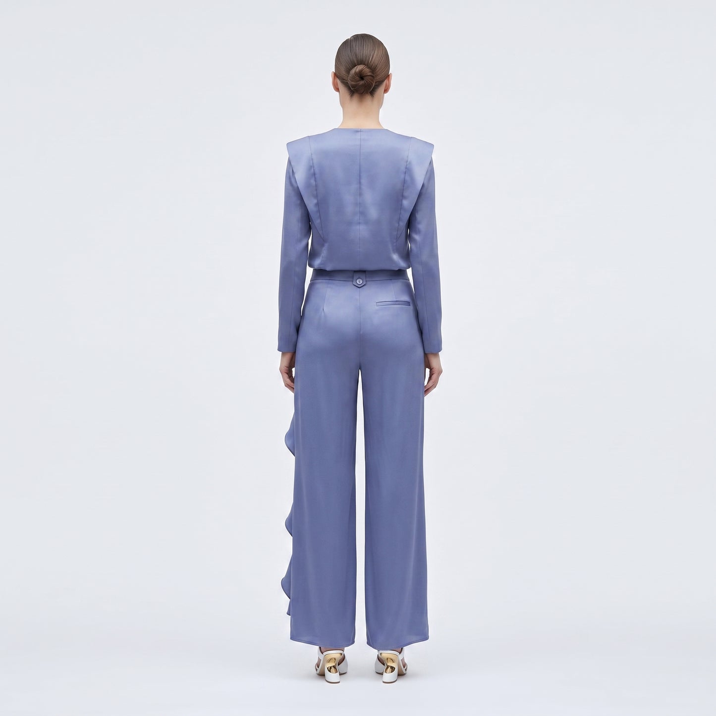 Blue Ruffle Detail Wide Trousers