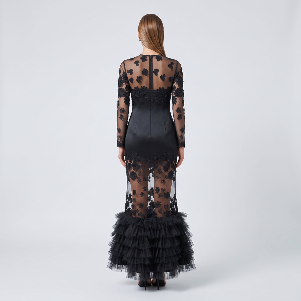 Embroidered Sheer Ruffle Evening Gown