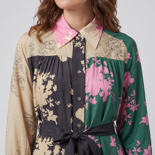 Floral Print Paneled Shirt Dress