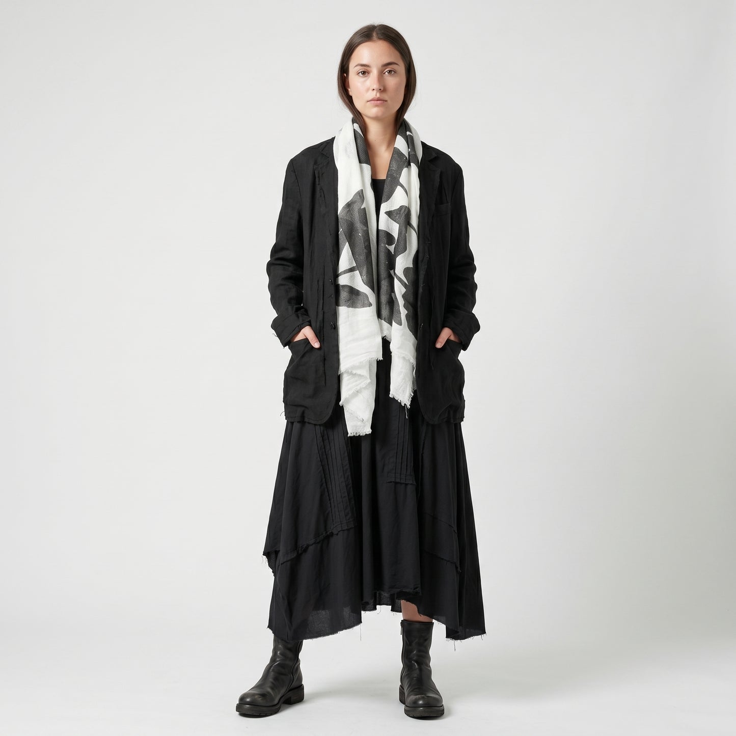 Floral Graphic Fringed Linen Scarf