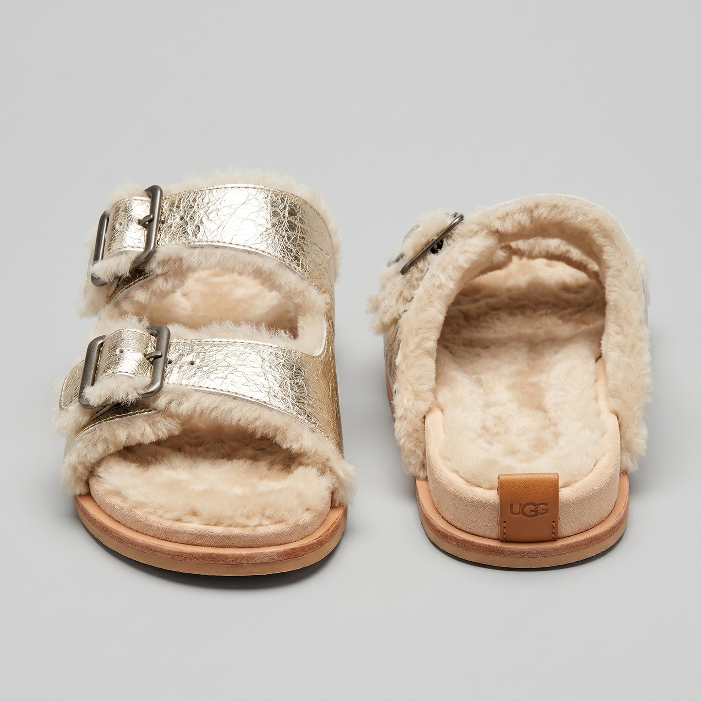Metallic Shearling Double Strap Sandals