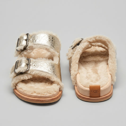 Metallic Shearling Double Strap Sandals