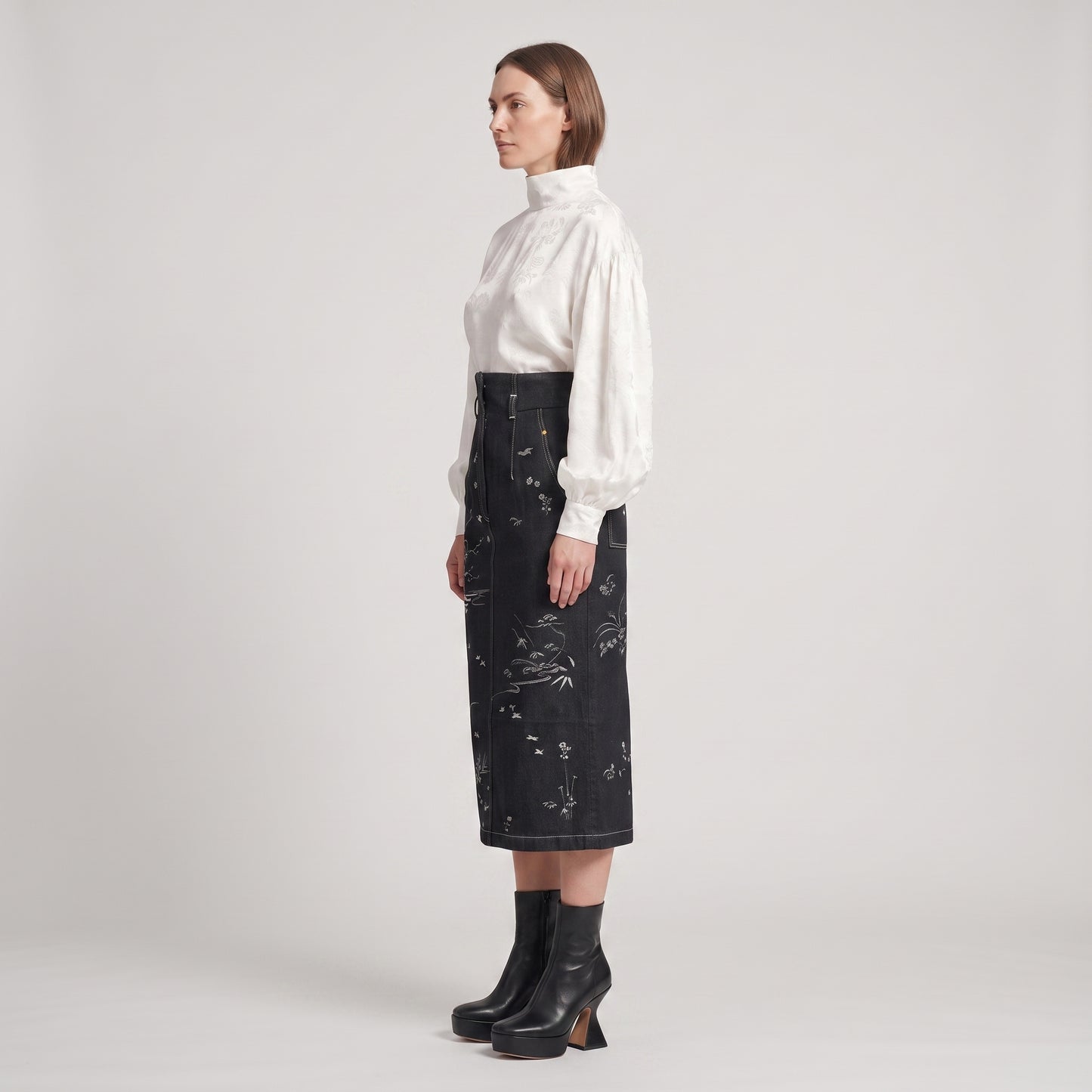 Embroidered Botanical Denim Pencil Skirt