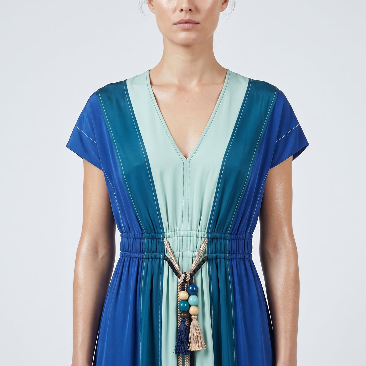 Colorblocked Tasseled V-Neck Dress