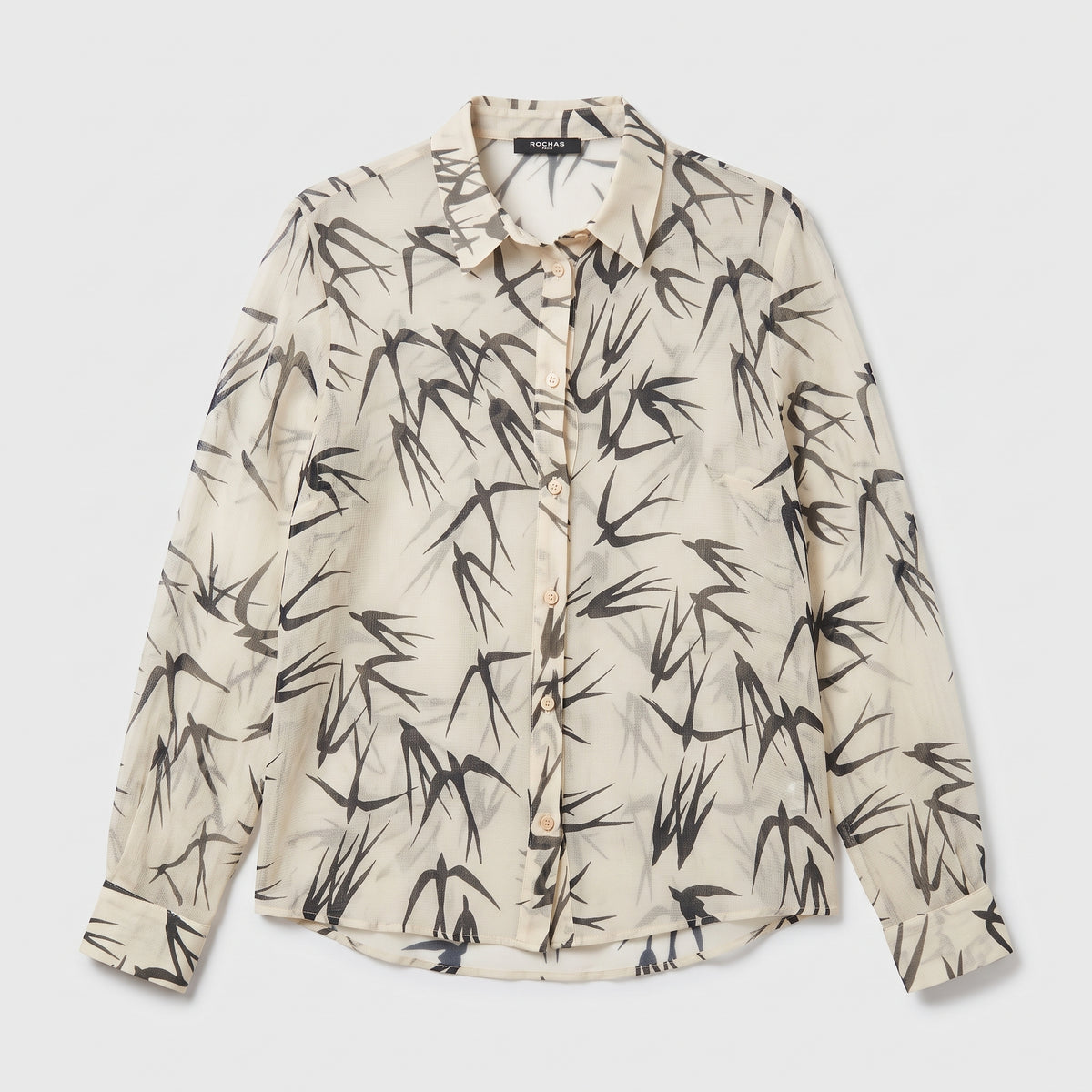 Sheer Bird Print Button-Down Shirt