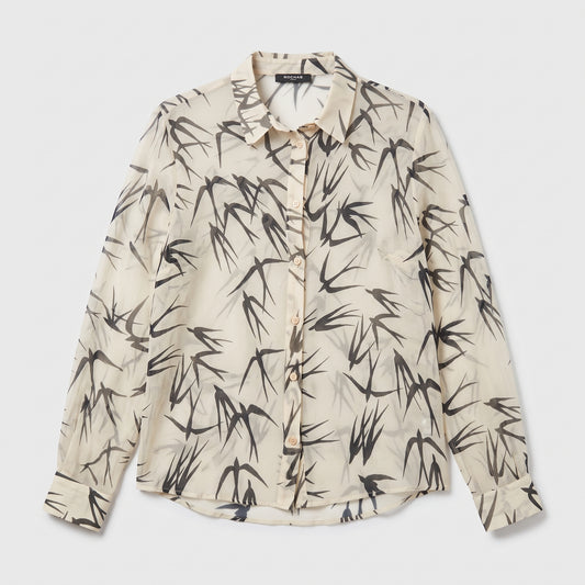 Sheer Bird Print Button-Down Shirt