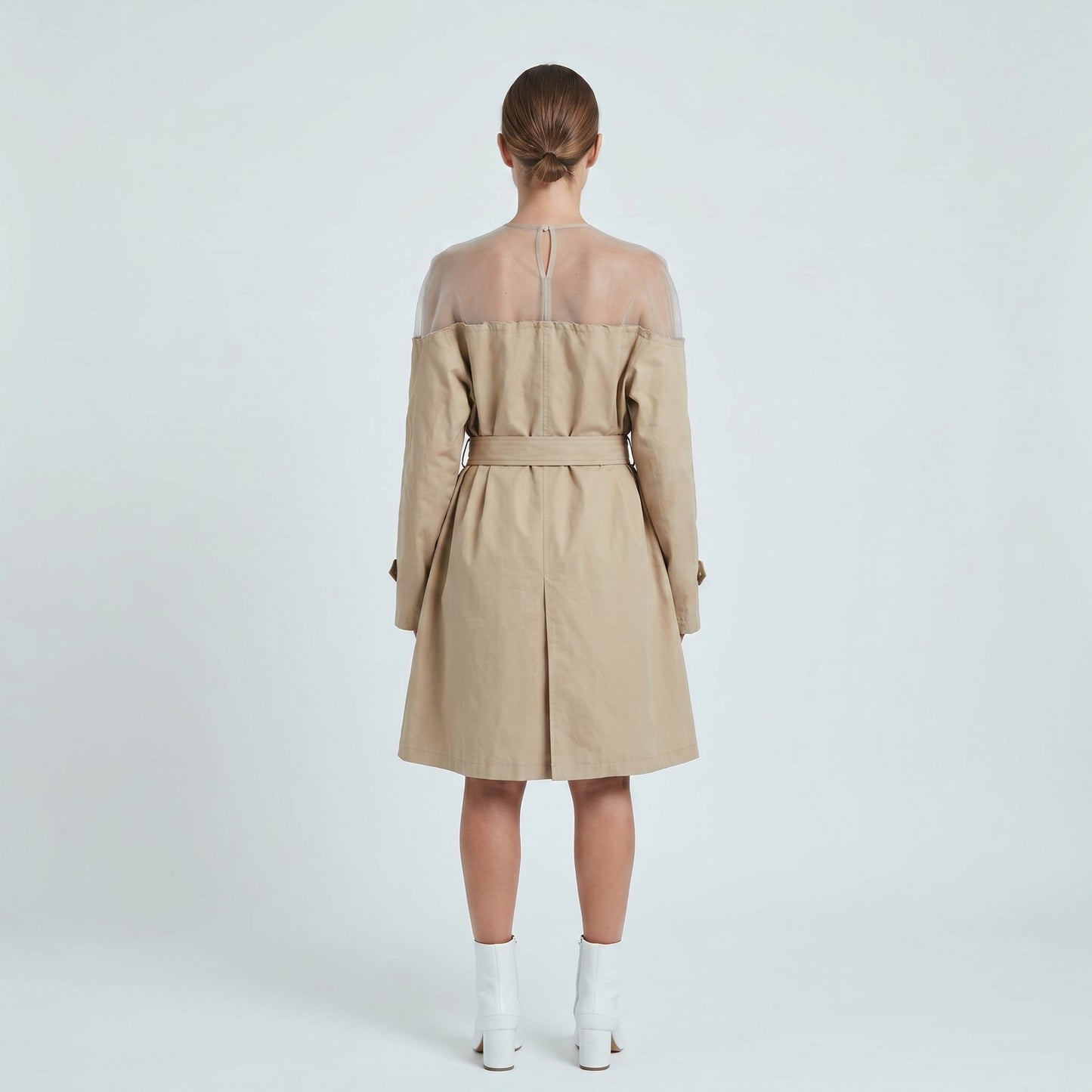Sheer Yoke Belted Trench Coat