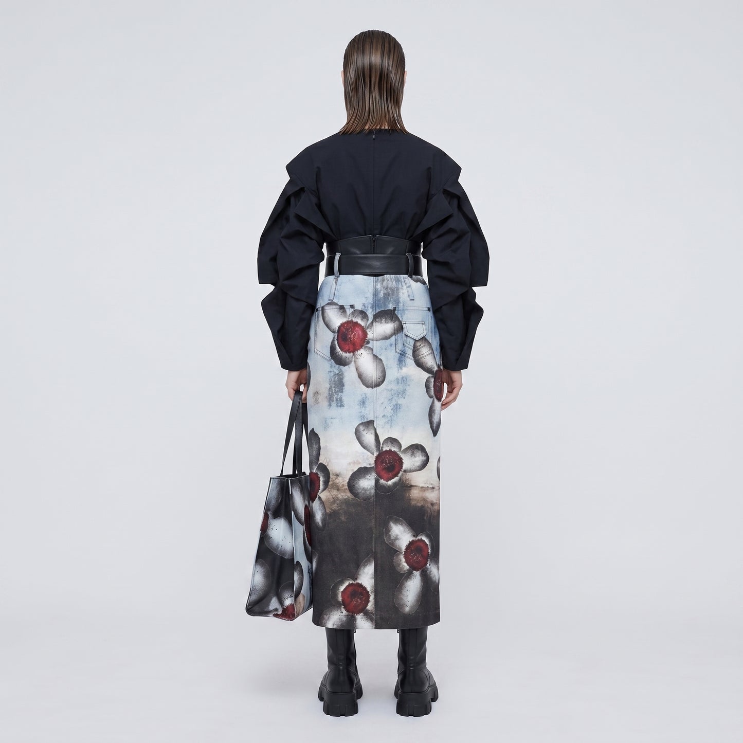 Floral Print Denim Midi Skirt