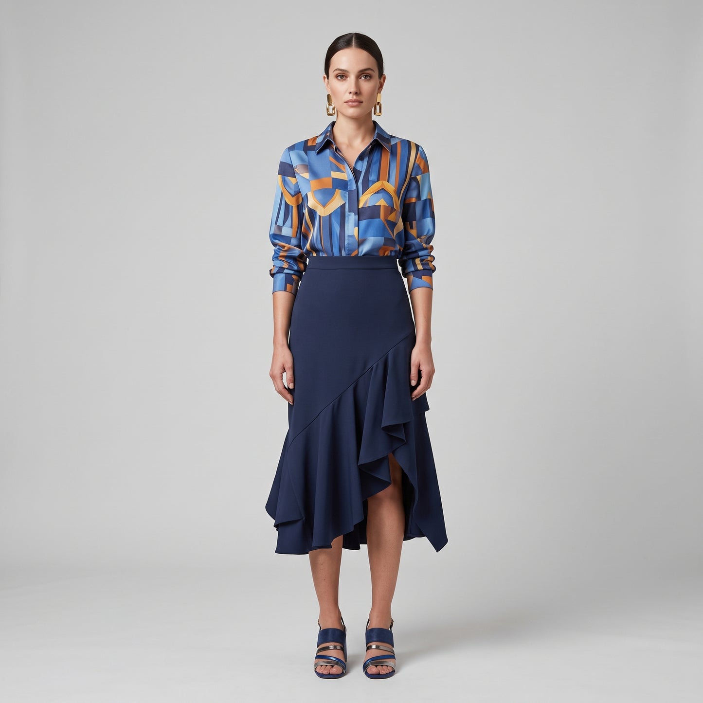 Navy Asymmetric Ruffle Midi Skirt