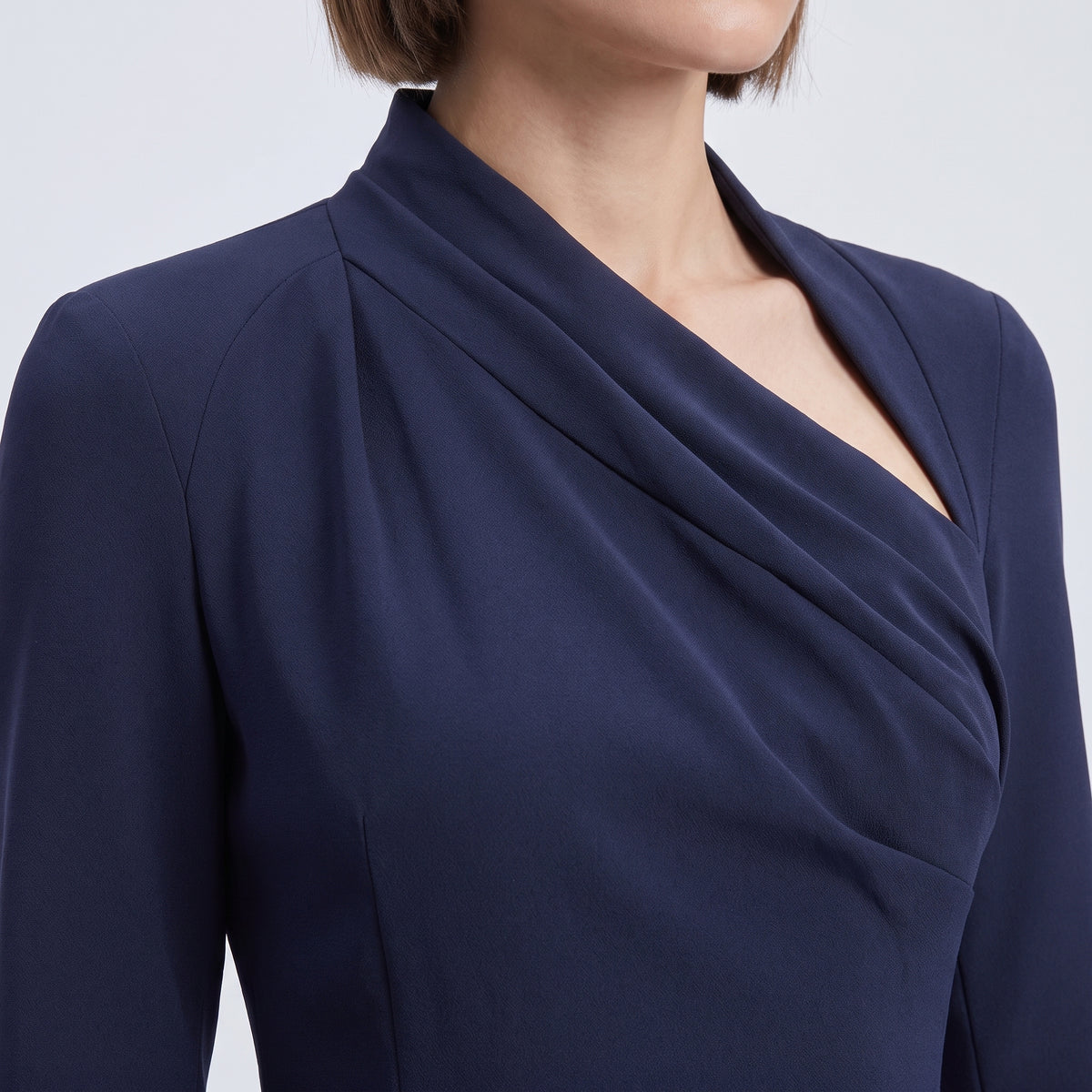 Navy Asymmetric Pleated Sheath Dress
