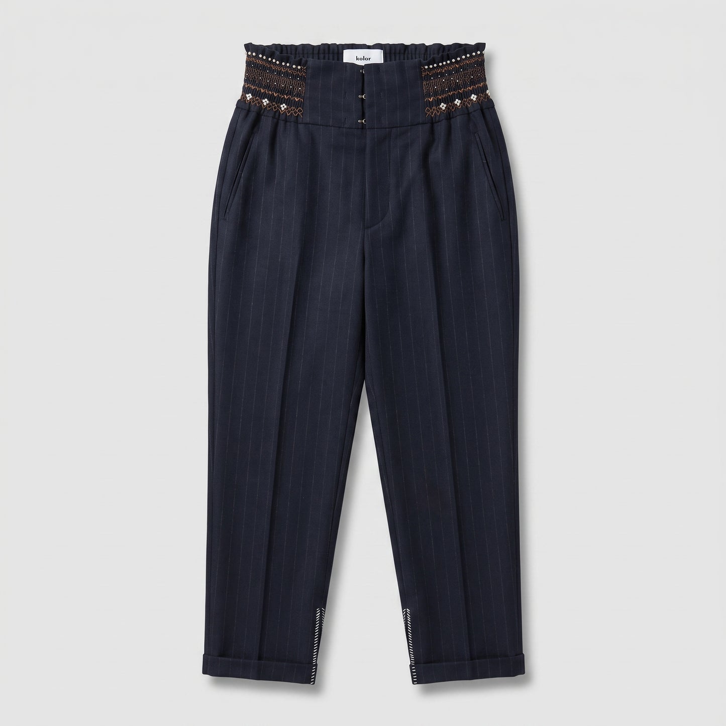 Pinstripe Embroidered High-Waisted Trousers