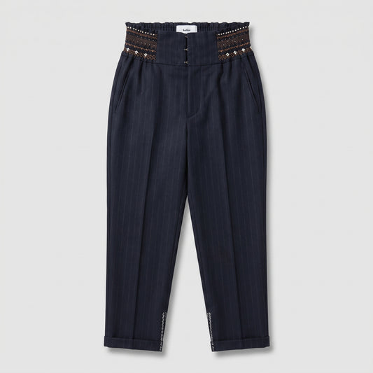 Pinstripe Embroidered High-Waisted Trousers