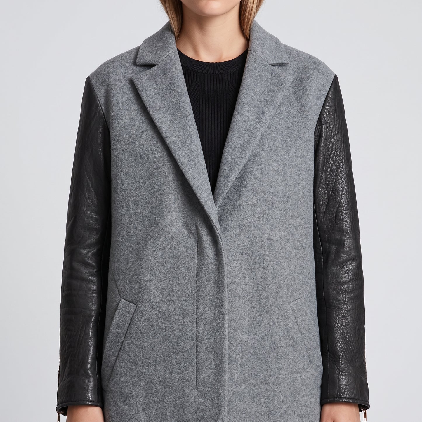 Wool Blend Leather Sleeve Coat