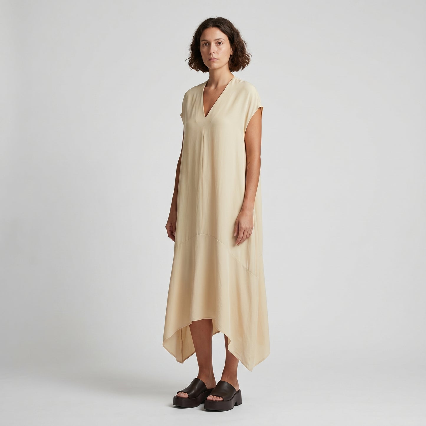 Asymmetric V-Neck Midi Dress